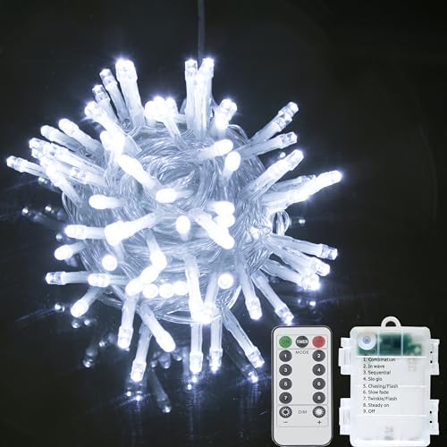 LED Batterie Lichterkette auf Durchsichtigem Kabel, Fernbedienung Batteriebetriebene Beleuchtung, für Weihnachten Baum Garten Hochzeit Feiertag Party (Weiß, 100LED) von GHJ