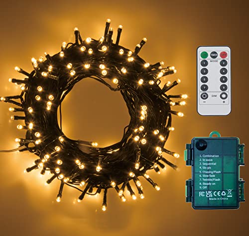 Warmweiß LED Batterie Lichterkette auf Dunkelgrün Kabel, Fernbedienung Batteriebetriebene Beleuchtung, für Weihnachten Baum Garten Hochzeit Feiertag Party (100LED) von GHJ