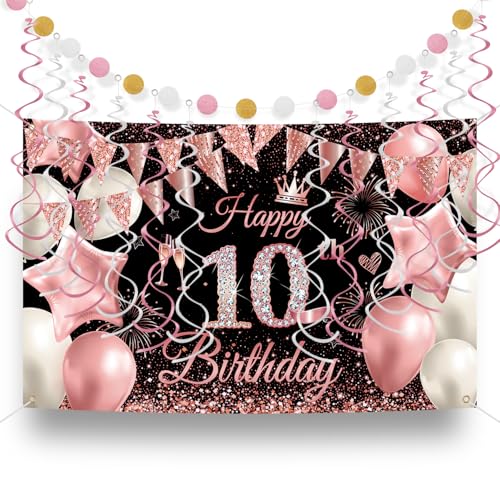 10th Rose Gold & Black Milestone Birthday Backdrop Decorations Set, Includes Birthday Backdrop, Spiral Decorations, and Polka Dot Banner for Kids Men Women Milestone Birthdays Celebrations 180×110cm von GHKJOK