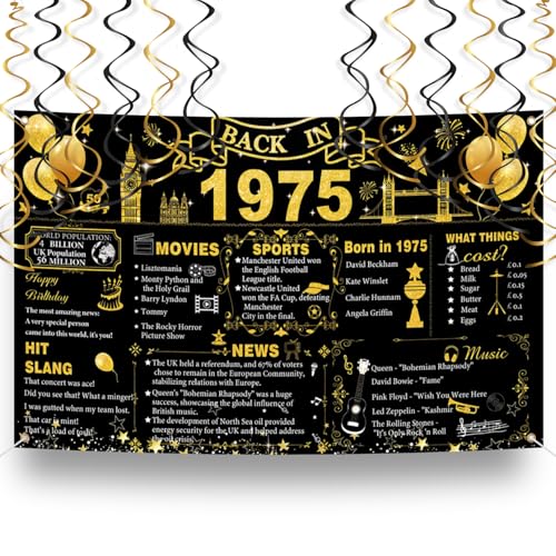 50 Geburtstag Hintergrund, 1975 Thema Geburtstag Schwarz Gold Dekorationen Happy Birthday Banner Vintage Party Supplies mit hängenden Wirbeln Große Feier Party Dekor Einfaches Aufhängen für Fotos von GHKJOK