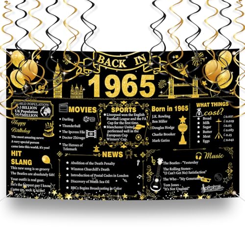 60 Geburtstag Hintergrund, 1965 Thema Geburtstag Schwarz Gold Dekorationen Happy Birthday Banner Vintage Party Supplies mit hängenden Wirbeln Große Feier Party Dekor Einfaches Aufhängen für Fotos von GHKJOK