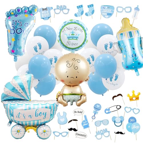 Blau Jungen Baby Shower Party Dekoration Set, 25 Stück Baby Boy Photoshoot Requisiten Set, 8 PC Luftballons - für Baby Shower, Neugeborene Fotografie, Geschlecht Enthüllung Party von GHKJOK