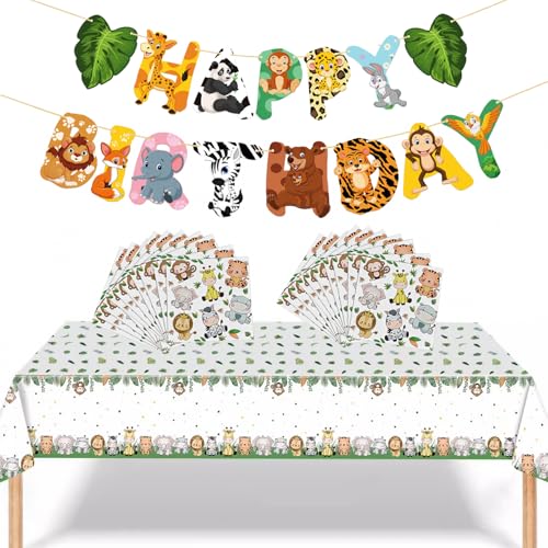 Dschungelthema Waldtierparty – 3-teiliges Set mit Banner, Tischdecke, 20 Servietten – einfache Dekoration für Safari-Geburtstag, Babyparty oder Kinderparty von GHKJOK