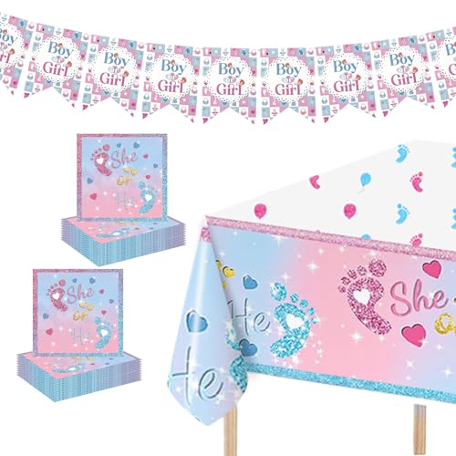 Gender Reveal Baby Party Taufset - Enthält Banner, Tischdecke und 20 Servietten, ideal für Baby Gender Reveal Feier, rosa und blaues Thema für einzigartige Partydekoration für besondere Momente von GHKJOK