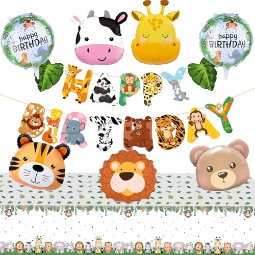 Waldtier-Party-Dekorationen – 9 Stück Dschungel-Thema mit Tierballons, Banner und Tischdecke – perfekt für Safari-Geburtstag, Dschungel-Baby-Party und Kinder-Partydekoration von GHKJOK