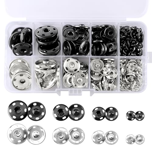 100 Sätze Druckknöpfe zum Annähen, 8,5/12/15/21 mm Metall Druckknopf, Druckknöpfe Groß Schwarz Silber,Druckknopf Rund Set mit Transparentbox für Kleidung, Geldbeutel, Handtasche, DIY von GHLAECM