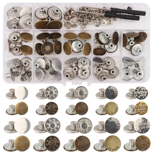 60 Sets Jeansknöpfe zum Schrauben, Jeansknöpfe 17mm und 20mm, Hosenknöpfe, Jeans Knopf Ohne Nähen Entfernbare Metallknöpfe, Jeansknopf Reparaturset mit Schraubendreher, für Damen und Herren Jeans von GHLAECM