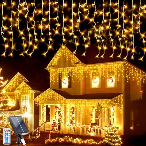 GHONLZIN LED Solar Lichterkette Aussen, 5M 128 LEDs Solar lichterkette Deko, 16pcs*8 LEDs Solar Wasserdicht Eisregen Lichterkette für Hof, Garten, Hochzeit, Party, Hausdach, Weihnachtsdekoration von GHONLZIN