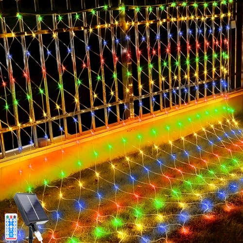 GHONLZIN Solar Lichterkette, 2x3m LED Lichternetz Lichterkette, 192 LEDs 8 Modi Weihnachtsbeleuchtung Außen Wasserdicht Lichternetz mit Fernbedienung Timer für Geburstag, Hochzeit (2 * 3M, Farblig) von GHONLZIN