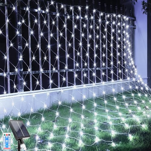 Solar Lichterkette, 1.5x1.5m LED Lichternetz Lichterkette , 96 LEDs 8 Modi Weihnachtsbeleuchtung Außen Wasserdicht Lichternetz mit Fernbedienung Timer für Geburstag, Hochzeit (1.5*1.5M, Weiß) von GHONLZIN