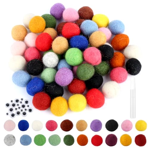 55 Stück Filzkugeln Bunt, 2cm Pompons zum Basteln, Bommel Klein, Mix Farbe Wollfilz Perlen, Filzbälle mit 20 Stück 6mm/10mm Puppenaugen und 1*10ml Kleber für DIY Kreative Handwerk von GHVACZS