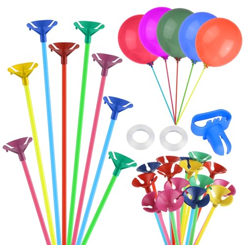 GHVACZS 100 Stück 32cm Bunte Ballonstangen Einzeln (mit Ständer, Knoter und Band), Kunststoff Luftballon Stäbe, Wiederverwendbare Ballonstäbe für Luftballons, Partydekorationen, Hochzeitsaccessoires von GHVACZS