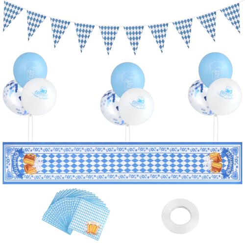 GHVACZS Oktoberfest Deko Set, Bayrische Deko, Bayern Deko gehören Oktoberfest Tischläufer, Taschentücher, Oktoberfest Luftballons, Wimpelkette Blau Weiss zur Dekoration von Oktoberfest Partys von GHVACZS