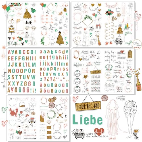 GHVACZS Sticker Hochzeit (5 Bögen/321 Sticker), Aufkleber Hochzeit mit Viel Liebe, Sticker Hochzeit Gästebuch, Wird zum Dekorieren von Fotoalben, Gästebüchern und Sammelalben verwendet von GHVACZS