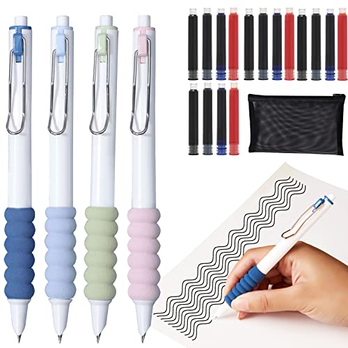 GHYUI Einziehbarer Füllfederhalter, 4 Pcs Stehaufe Einziehbarer Füllfederhalter, 0.38mm Extra Feine Spitze, Schreibstift Ohne Tinte Super Weicher Stift Austauschbare Tintenbeutel für Schule und Büro von GHYUI