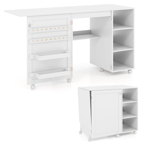 GIANTEX Nähtisch mit 6 Rädern, zusammenklappbarer Nähschrank, platzsparend, mit 18 Haken, 2 Fadenhaltern und 4 offenen Regalen, ideal für Zuhause, Arbeitszimmer und Büro von GIANTEX