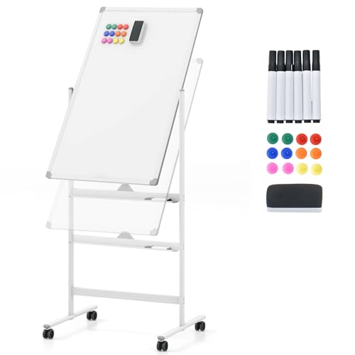 Giantex Doppelseitiges mobiles Whiteboard, 60 x 90 cm, Magnettafel auf Füßen in 2 Höhen verstellbar, trocken abwischbar, Schwarze Marker, Radiergummi, Magnete (weiß, 60 x 90 cm) von GIANTEX