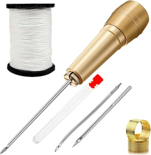 GIAYEU Bradawl mit Holzgriff, Ahle, Leder-Nähset, DIY-Leder-Nähahle, Nadel-Set mit Kupfergriff, Lederschuhe-Reparaturwerkzeug, weißer Faden von GIAYEU