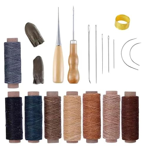 GIAYEU Bradawl with Wooden Handle,awl, 20 PCS Leather Sewing Kit, Leather Tools Hand Stitching Kit with Groover Awl Waxed Thimble Thread for Sewing von GIAYEU