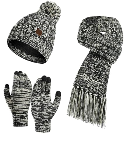 GIAYEU Winter-Strickhandschuhe, Mütze, Schal und Handschuhe Set, Herbst und Winter, gestrickte Wolle, farbige Mütze, Dicker Schal, Touchscreen-Handschuhe, warm, praktisch, dreiteiliges Set(Black) von GIAYEU