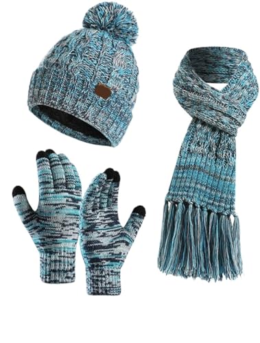 GIAYEU Winter-Strickhandschuhe, Mütze, Schal und Handschuhe Set, Herbst und Winter, gestrickte Wolle, farbige Mütze, Dicker Schal, Touchscreen-Handschuhe, warm, praktisch, dreiteiliges Set(Blue) von GIAYEU