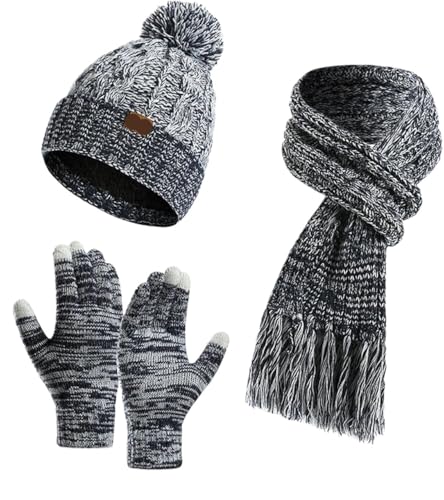 GIAYEU Winter-Strickhandschuhe, Mütze, Schal und Handschuhe Set, Herbst und Winter, gestrickte Wolle, farbige Mütze, Dicker Schal, Touchscreen-Handschuhe, warm, praktisch, dreiteiliges Set(Navy Blue) von GIAYEU