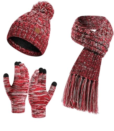 GIAYEU Winter-Strickhandschuhe, Mütze, Schal und Handschuhe Set, Herbst und Winter, gestrickte Wolle, farbige Mütze, Dicker Schal, Touchscreen-Handschuhe, warm, praktisch, dreiteiliges Set(Red) von GIAYEU