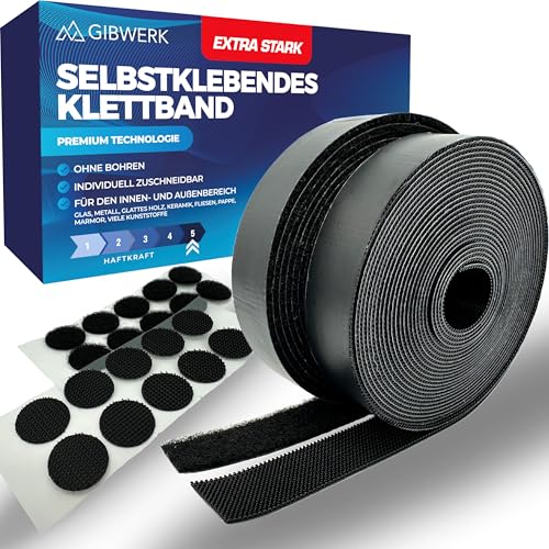 GIBWERK® Klettband selbstklebend | Extra Stark | 5 Meter x 20 mm + 10 Klettpunkte selbstklebend | Klettverschluss selbstklebend | Doppelseitiges Klettband | Selbstklebender Klettverschluss | Schwarz von GIBWERK