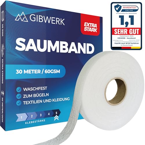 GIBWERK® Saumband zum Aufbügeln | 30 Meter x 20 mm | 60 GSM Extra Stark | Waschfest und Selbstklebend | Bügelvlies für Vorhänge Gardinen und Textilien | Bügelband für Hosen | Nahtband von GIBWERK