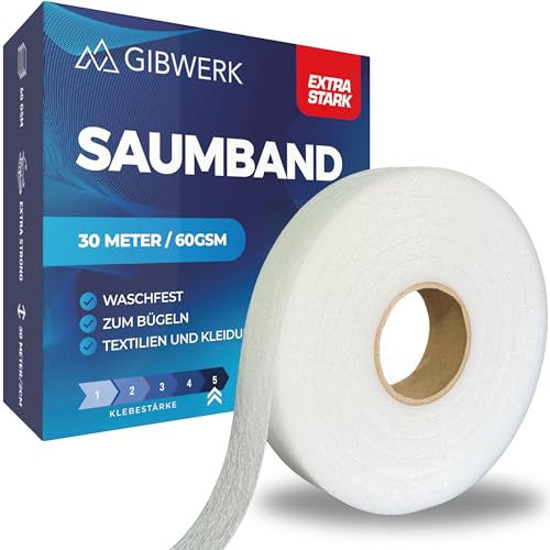 GIBWERK® Saumband zum Aufbügeln | 30 Meter x 20 mm | 60 GSM Extra Stark | Waschfest und Selbstklebend | Bügelvlies für Vorhänge Gardinen und Textilien | Bügelband für Hosen | Nahtband von GIBWERK