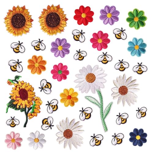 36 Stück Embroidered Iron on Patches,Gestickte Appliqué Aufnäher, Patches zum Aufbügeln, Applique Patches - Flower Bee Combo Kit von GIEEU