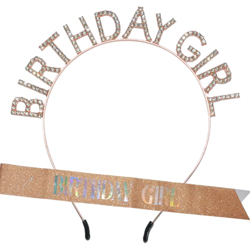 Geburtstag Krone,Geburtstag Krone Schärpe Set - Glitter Crown Tiara Dekoration für Mädchen Kristall Tiara - Party Set (Rose Gold) von GIEEU