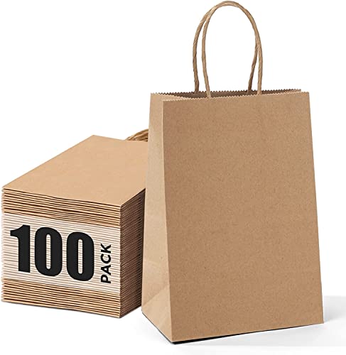 GIFTSAY 100stk Papiertüten mit Henkel Klein Braun 15X8X21cm, Geschenktüten für Hochzeitsfeier, Einkaufstüten, Einzelhandelswarentüten und Geburtstags von GIFTSAY