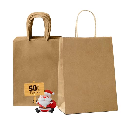 GIFTSAY 50stk Papiertüten mit Henkel Klein Braun 15X8X21cm, Geschenktüten für Hochzeitsfeier, Einkaufstüten, Einzelhandelswarentüten und Geburtstags von GIFTSAY