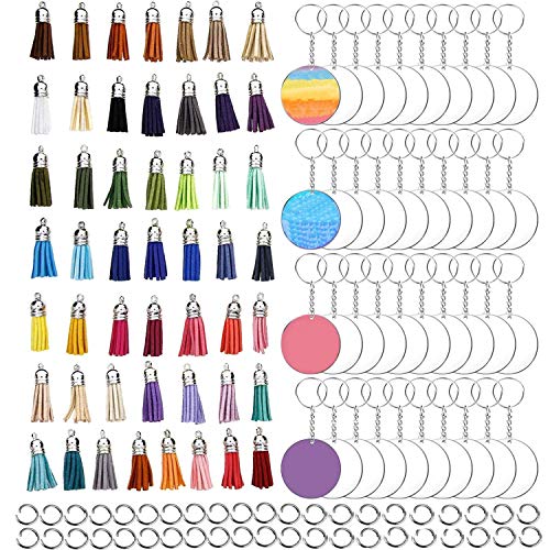 GIHENHAO 200 Stück Acryl Transparent Kreis Schlüsselbund Set Acryl Transparent Kreis, Quasten Anhänger Leder, Schlüsselringe, Biegeringe für DIY Schlüsselbund Basteln von GIHENHAO