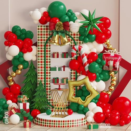 Weihnachtsballons Girlande Bogen Kit 141pcs Rot Weiß Grün Luftballons Zuckerstange Geschenkbox Hohl Stern Folienballons für Weihnachten Urlaub Neujahr Frohe Weihnachten Party Dekorationen von GIHOO