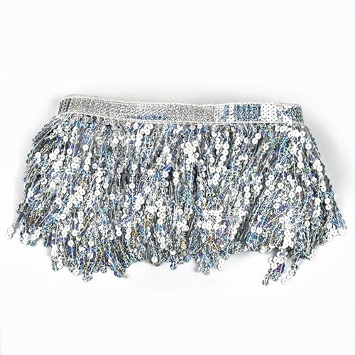 GIJMZY Pailletten Fransen Besatz 10 Yards 16 cm Pailletten Quaste Perlen Fransenbesatz Weihnachtsdekoration Spitzenband Fransen Latin Kleid Kleidungsstück Besatz Zubehör(TF218-Silver) von GIJMZY