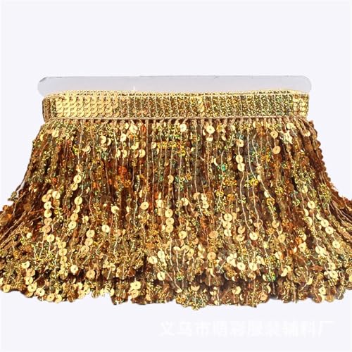 GIJMZY Pailletten Fransen Besatz 16cmX10yards Pailletten Quaste Trimmen Spitze Trim Glitter Fringe Band Dance Performance Dekoration DIY Nähen Zubehör(Gold) von GIJMZY