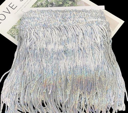 GIJMZY Pailletten Fransen Besatz 17 cm 15 Yards Pailletten Quaste fransen Spitze Stoff Trim Band Dance Performance Kleider Dekor Nähen Zubehör(Laser Silver) von GIJMZY