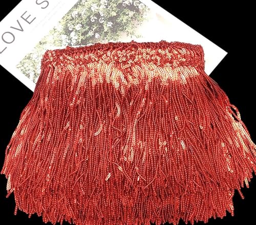 GIJMZY Pailletten Fransen Besatz 17 cm 15 Yards Pailletten Quaste fransen Spitze Stoff Trim Band Dance Performance Kleider Dekor Nähen Zubehör(Red) von GIJMZY