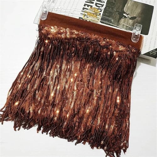 GIJMZY Pailletten Fransen Besatz 5/10 Yards 18 cm Pailletten Quaste Bunte Fransenbesatz Spitzenband Tanzkleid Kleidung Tasche Dekor Stoff Nähzubehör(14Coffee,10Yards) von GIJMZY