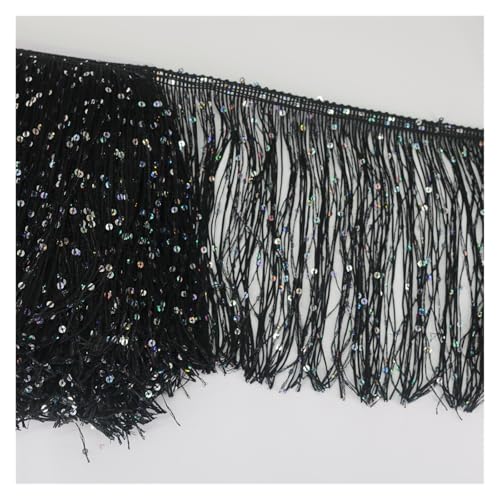 GIJMZY Pailletten Fransen Besatz 5 Yards Pailletten Quaste Fransen Spitzenbesatz Besatz 20 cm breit DIY Latin Kleid Bühne Kleidung Zubehör Band Latin Dance Nähen(Black) von GIJMZY