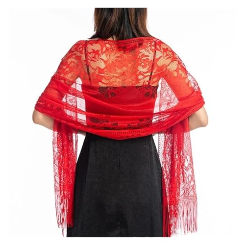 GIJMZY Tücher und Wraps für Abendkleider Damen Schal aus Spitze mit durchsichtigen Quasten, Abendkleid, Schal, hohl, for Brautjungfern, Boleros, Wickel, Netzstoff, Hochzeitsumhänge, Partyschals(Red) von GIJMZY