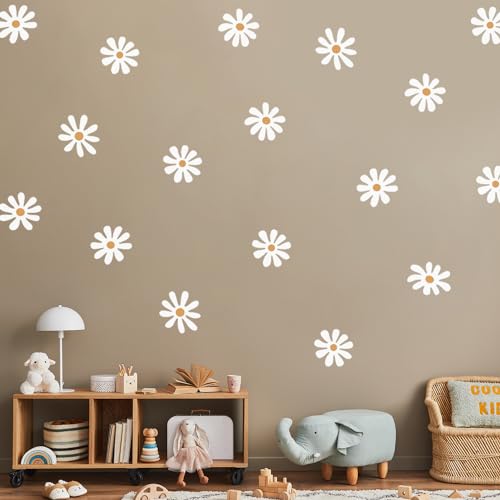 24 Pcs Wall Stickers, selbstklebende Wandaufkleber für Schlafzimmer, weiße Gänseblümchen, Kinderzimmer-Wandaufkleber, Blumen-Wandaufkleber für Mädchen- und Jungenzimmer, Kinderzimmer von GIKPAX