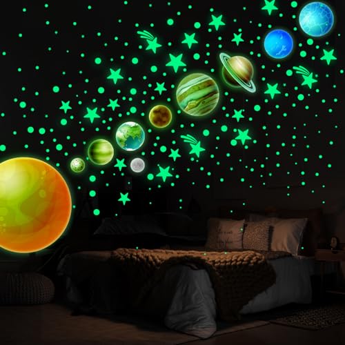 GIKPAX Mehrfarbige Cosmic Wandaufkleber, Im Dunkeln Leuchtende Sterne und Planeten, 444 Stück PVC Aufkleber, Ideal für Kinderzimmer und Schlafzimmer von GIKPAX