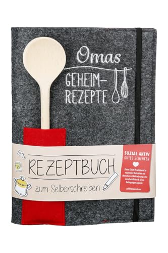 GILDE Heft Rezeptbuch zum Selberschreiben A5 – leeres Kochbuch für Omas Geheimrezepte Backen Kochen – Kochbuch selbst schreiben – Rezepte Buch in Filz Einband mit Holz Kochlöffel von GILDE