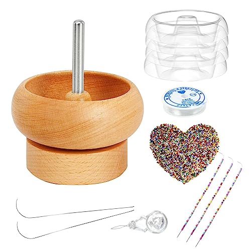 Bead Spinner Schale Set | Holzperle Spinner | Perlenspinner Werkzeug | Spin Bead-Loader mit Nadel | Langlebiger Perlensets mit Garnspulenwickler DIY-Armband, zum Basteln, Auffädeln von Perlen von GIMOCOOL