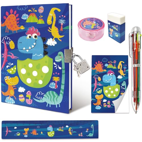 Set Tagebuch Junge, Kinder Schreibwaren-Geschenkset Enthält Dinosaurier Tagebuch mit Schloss Mädchen Notizblock Radiergummi Spitzer Lineal und 6-Farben-Stift für Teenager Notizbuch Geschenke 6+ Jahren von GINMLYDA