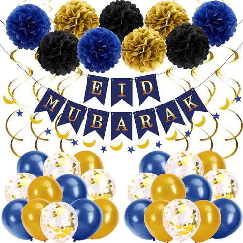 41 Stück Ramadan Mubarak Dekoration - Inklusive Eid Mubarak Banner Ramadan Luftballons Hanging Swirl und Pom Poms für Eid Festival Ramadan Kareem Deko von GIONAR