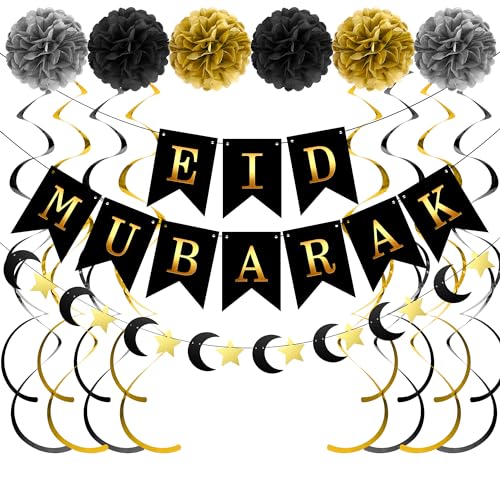 Ramadan Mubarak Deko Set - Wiederverwendbare Eid Mubarak Banner - Inklusive Eid Ramadan Banner Hanging Swirl und Pom Poms für Eid Ramadan Mubarak Kareem Deko von GIONAR